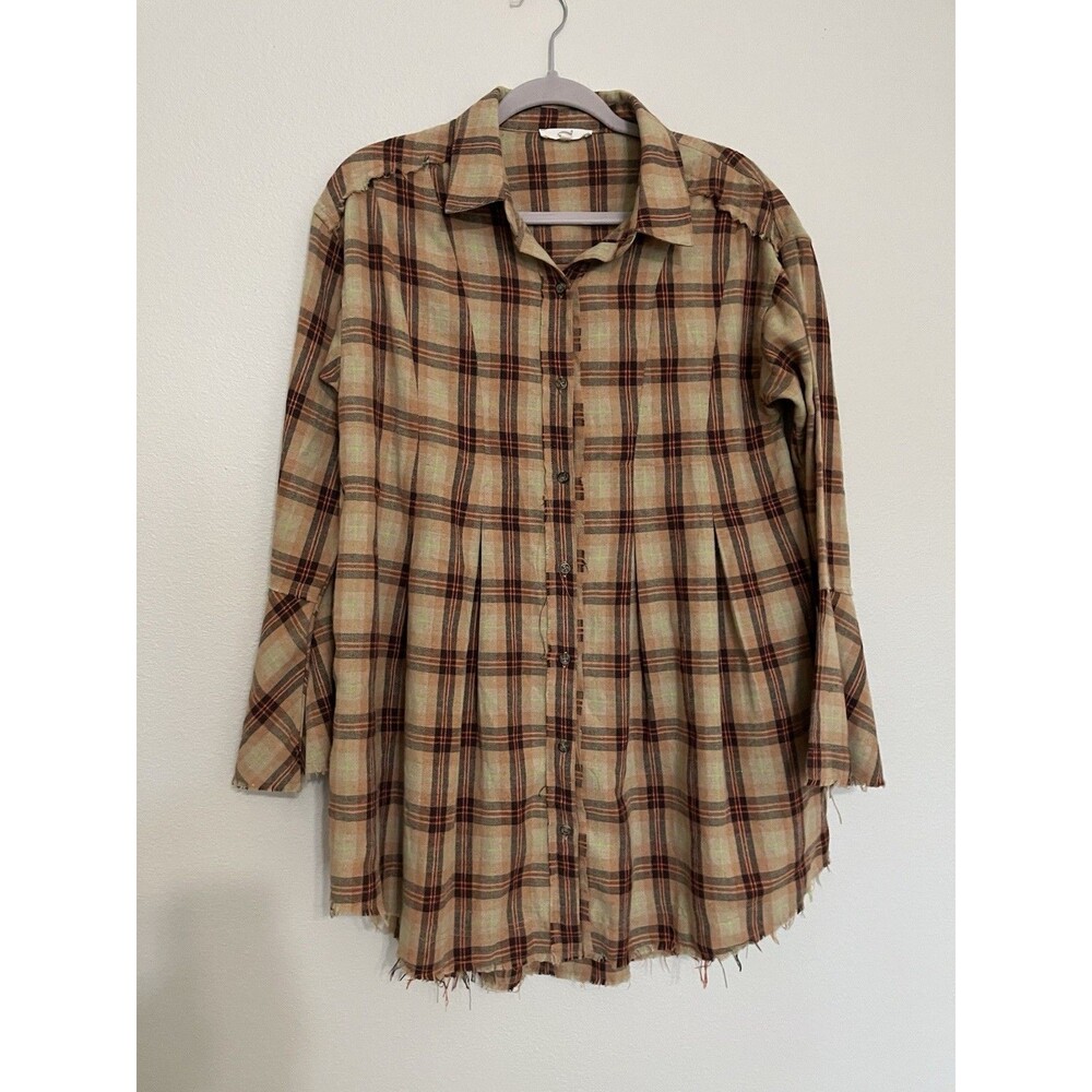 Easel Plaid Flannel Button Up Shirt Dress Pleated  Bell Slv Soft Pockets Small